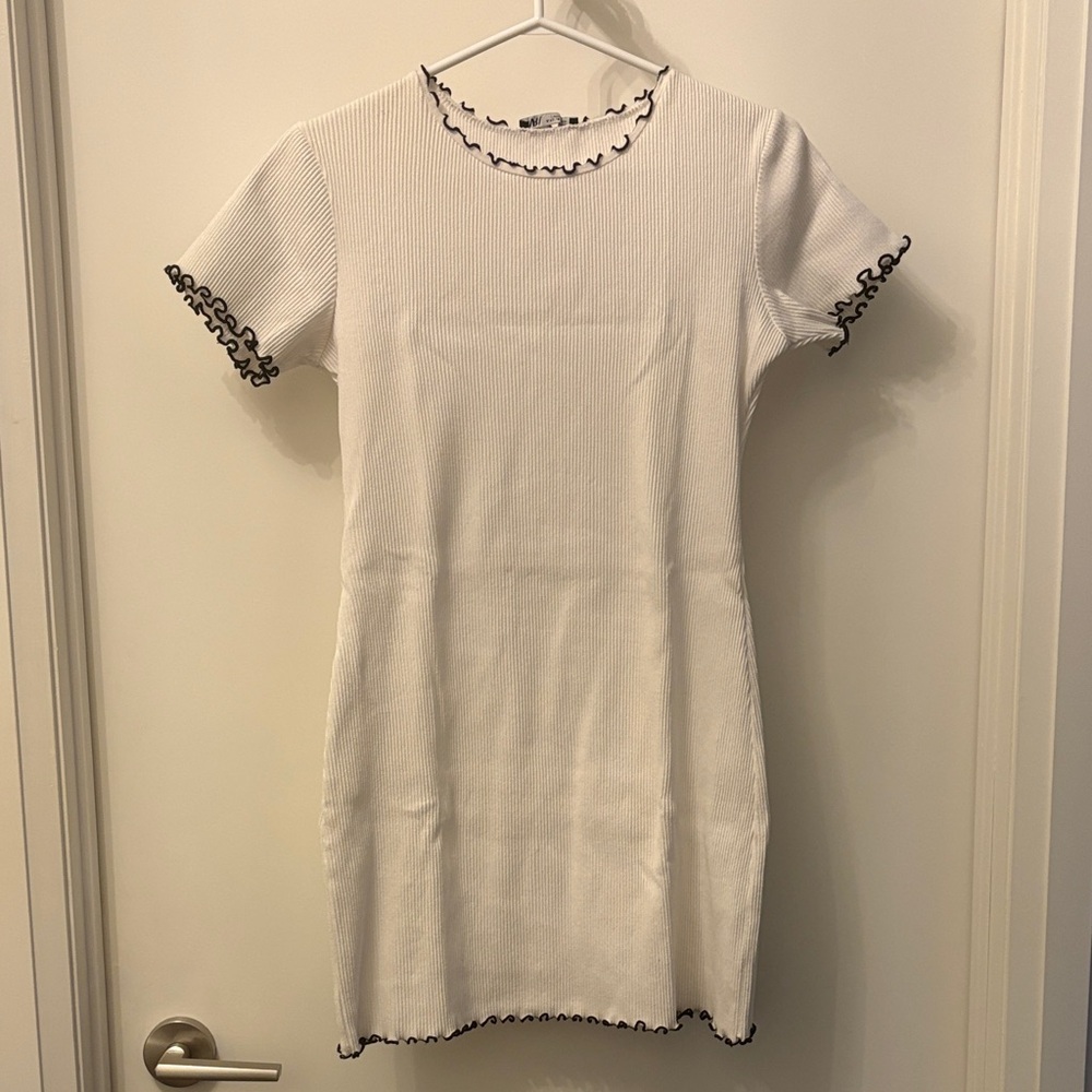Zara White Ribbed Mini Dress with Black Ruffle Trim